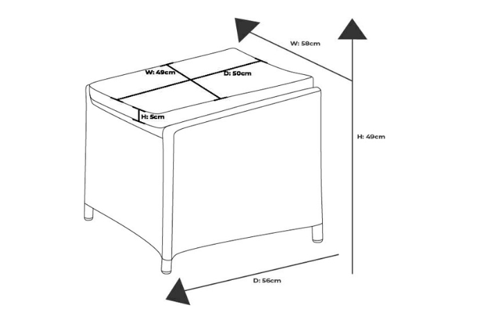 Line drawing to show dimensions of the stool from the Eton Reclining Companion set