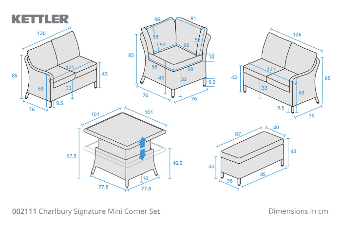 Dimensions diagram showing individual sections of the Kettler Charlbury Signature Mini Corner Dining Set