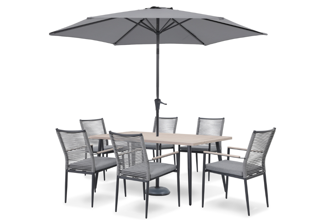 Merano 6 seat aluminium dining set with 170x90cm table, rope-detailed chairs and grey parasol on white background