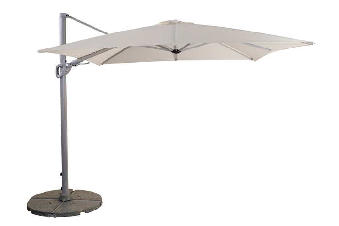 Beige patio umbrella with a stand on a white background