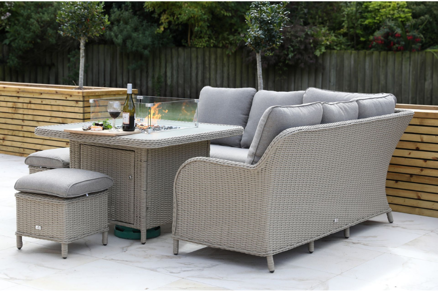 Side view of Cassano mini modular corner seating with firepit table and cushions