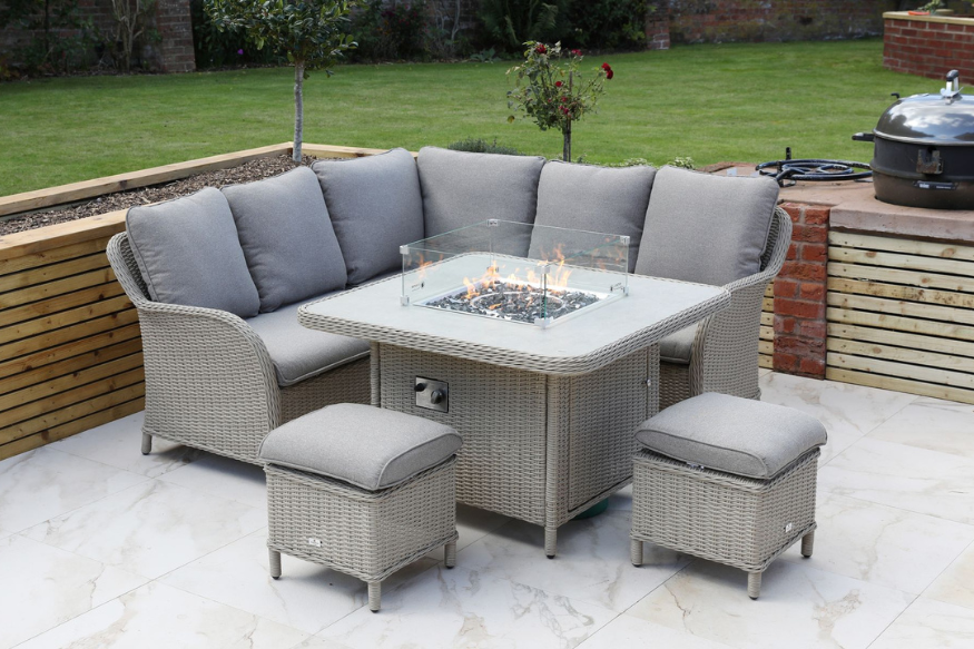 Cassano mini modular set with square firepit table and stools on a patio