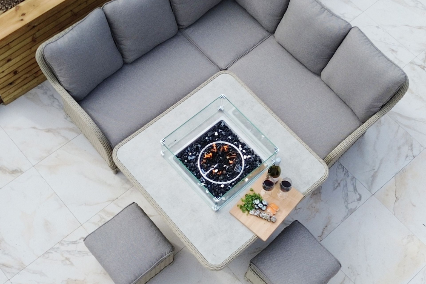 Overhead view of Cassano mini modular seating with square firepit table