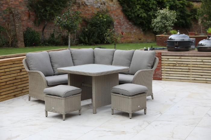 Cassano mini modular lounge dining set with square table and stools in a garden patio settin