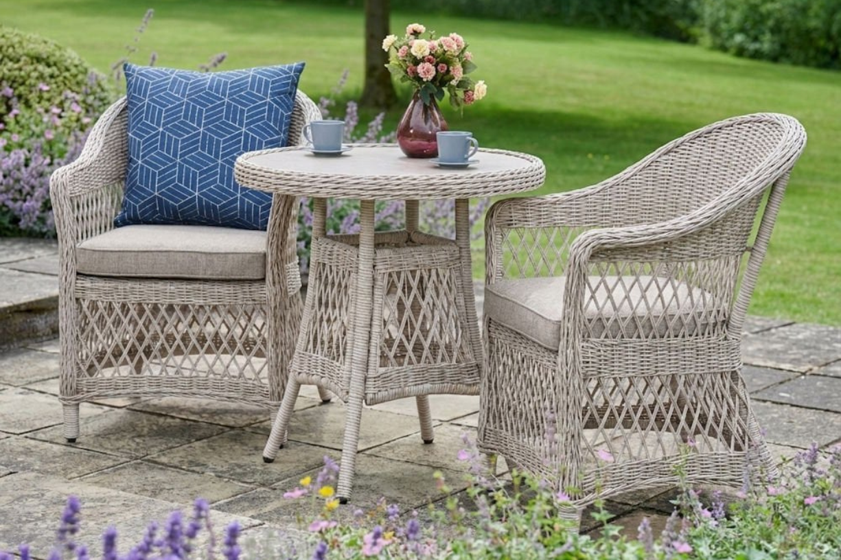 Ceramic glass tabletop from the Norfolk Leisure Cotswold 2 seat wicker bistro set.