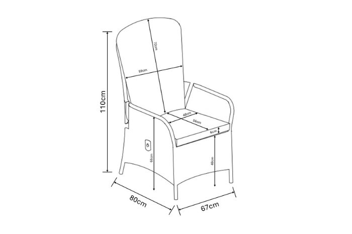 Line drawing to show the dimensions of the Eton reclining chair