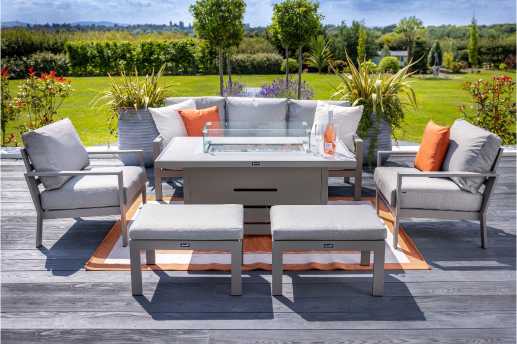 Hartman Rio 3 Seat Lounge Set with gas fire pit table and pewter Weatherready cushions