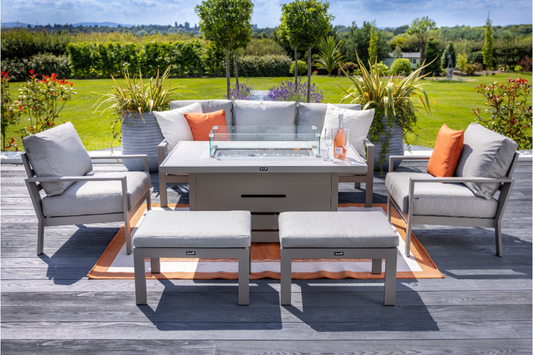 Hartman Rio 3 Seat Lounge Set with gas fire pit table and pewter Weatherready cushions