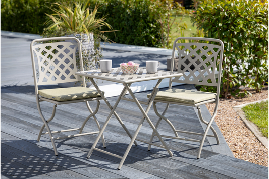 Hartman Berkeley Folding Bistro Set with folding table and chairs in Maize frame and Wheatgrass cushions