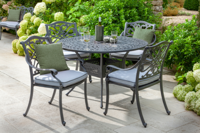 Hartman Capri 4 Seat Round Dining Set in cast aluminium with Weatherready cushions