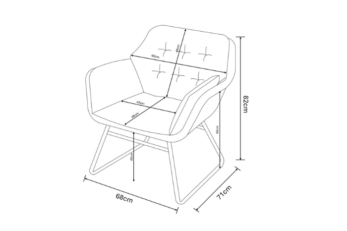 Line drawing with dimensions of the Rayo dining chair