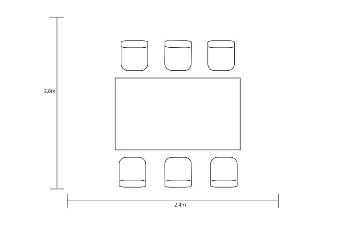 Linn drawing showing area of the Hartman Rayo 6 seat Regis teak dining set 