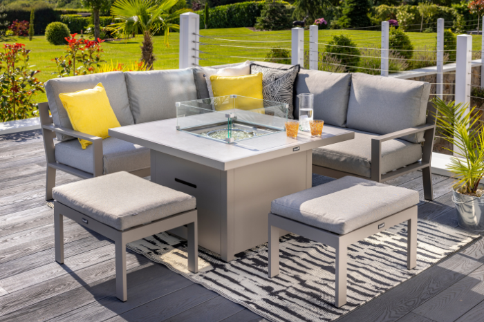 Hartman Rio Square Casual Dining Set with gas fire pit table and pewter Weatherready cushions