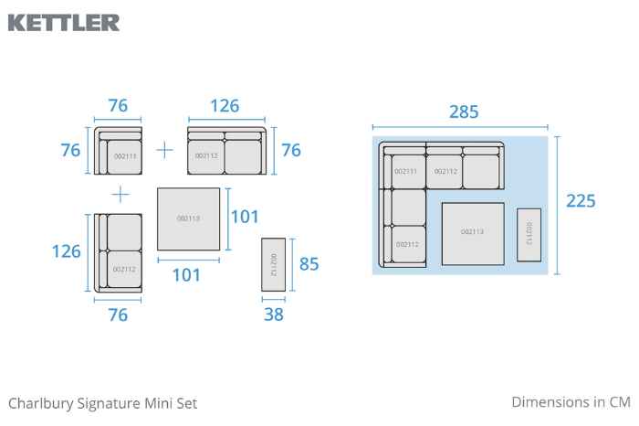 Kettler Charlbury Signature Mini Corner Dining Set layout and floorplan dimensions in centimetres