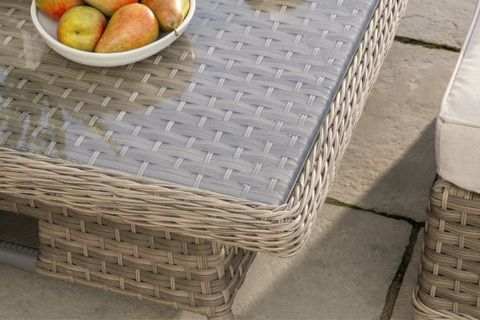 Close-up of hand-woven rattan weave detail on the Kettler Charlbury Signature corner dining set