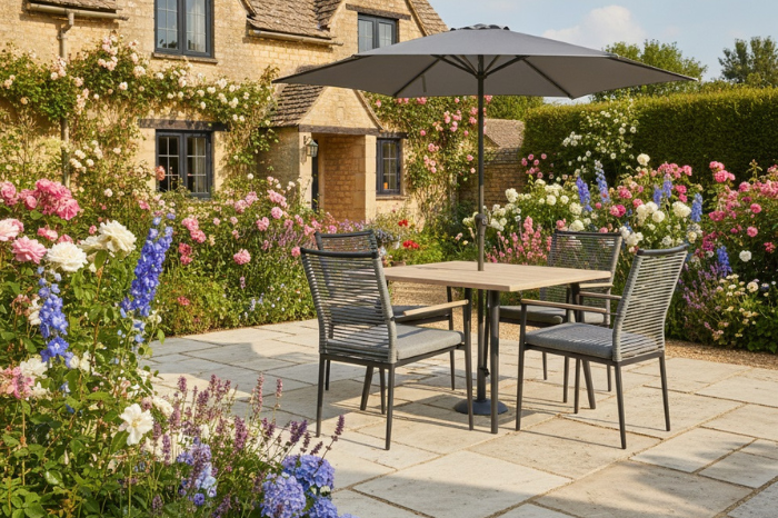 Merano aluminium 4 seat dining set with parasol styled on a garden patio