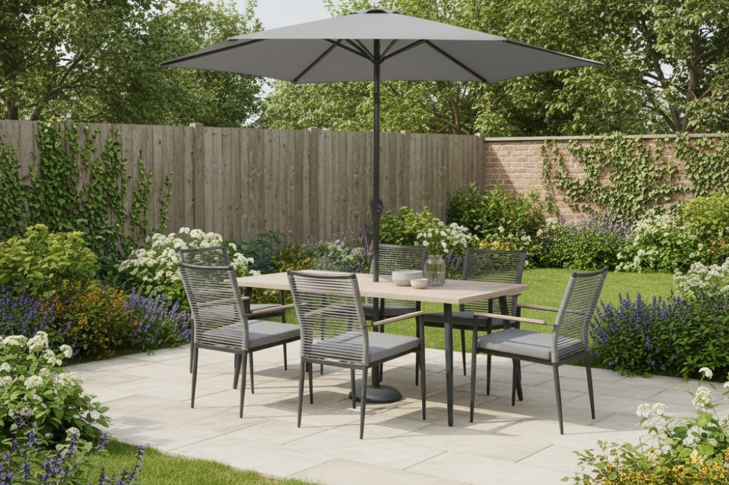 Merano 6 seat outdoor dining set with rope-detailed chairs and parasol displayed on a garden patio surrounded by flowers