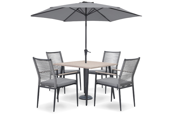 Merano aluminium 4 seat dining set with wood effect table, rope chairs, parasol and base on white background