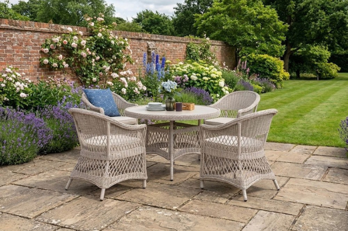 Cotswold 4 seat garden dining set with aluminium frame, ceramic glass table and woven chairs for outdoor dining.