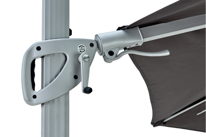 Close up of Pacific 3m round cantilever parasol showing tilt mechanism and aluminium frame detail