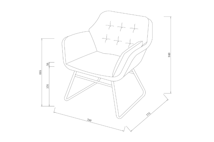 Line drawing of Rayo chair with dimensions 