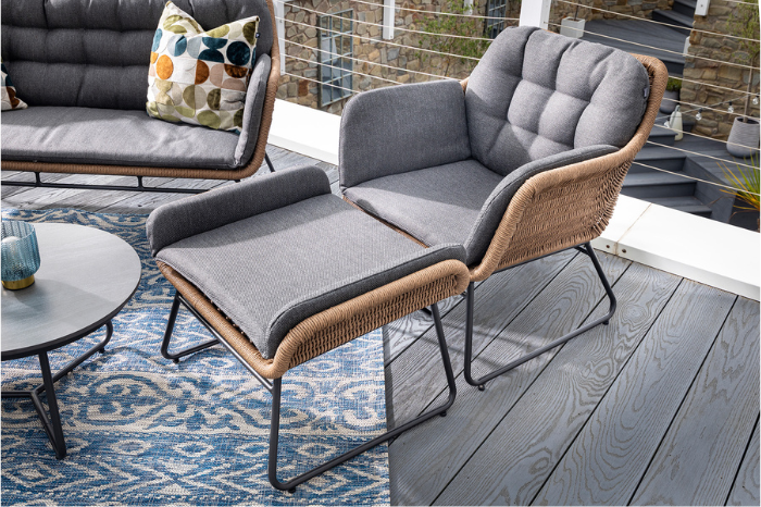 Hand-woven tawny resin weave lounge chair with Rhino cushion