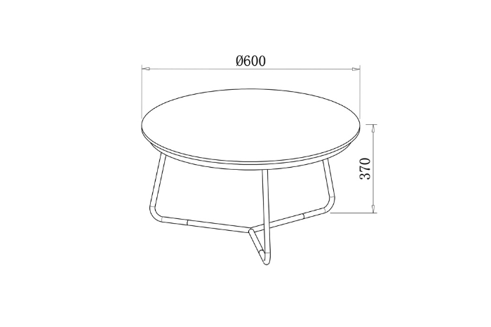 Line drawing of Rayo Small Coffee Table with dimensions 