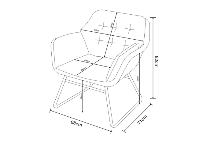 Measurement chart of a Rayo chair with dimensions labelled
