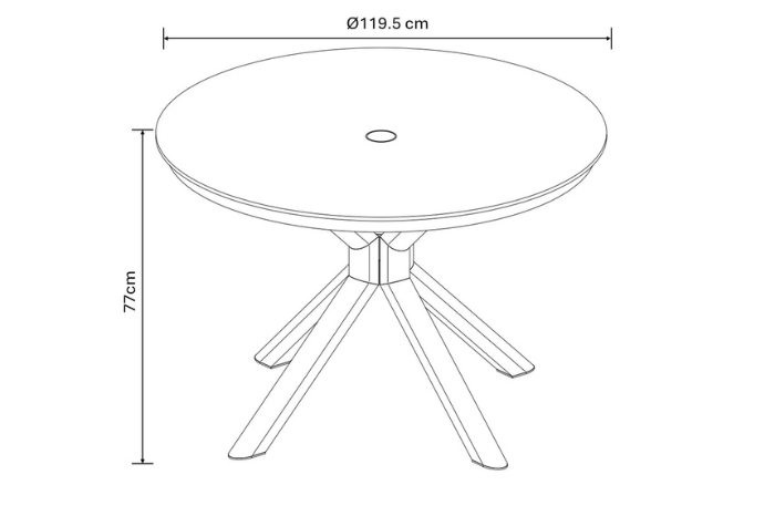 Technical drawing of a round table with dimensions