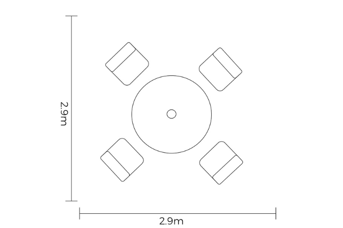 Line drawing of area that the Rayo dining set 2fits