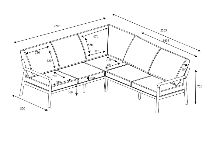 Technical drawing of a sectional sofa with dimensions