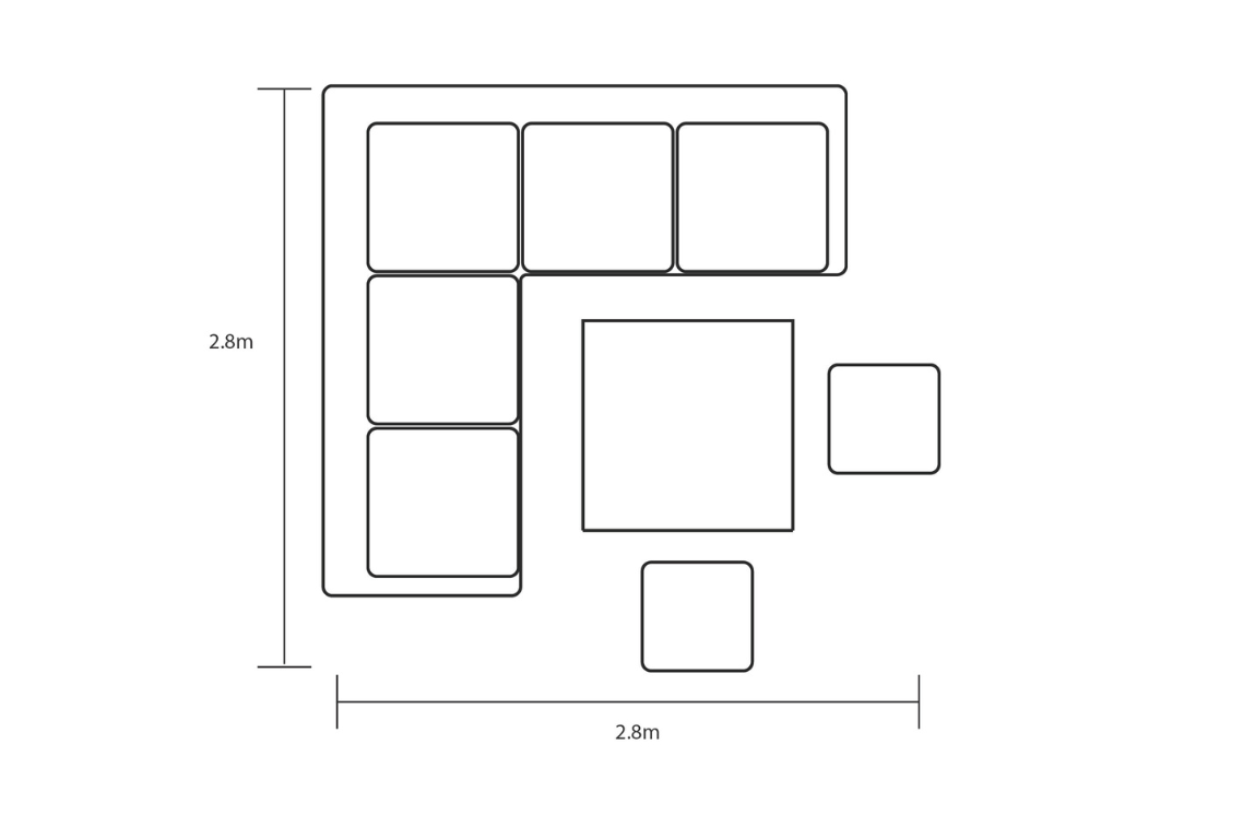 Floorplan diagram showing the layout and 2.8m x 2.8m footprint of the Sahara Square Corner Lounge Set with corner sofa, stools and square coffee table.