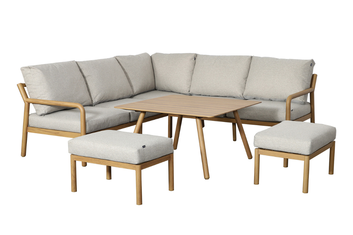 Sahara Square Corner Lounge Set with Folie wood-look aluminium frame, corner sofa, two stools and slatted square coffee table.