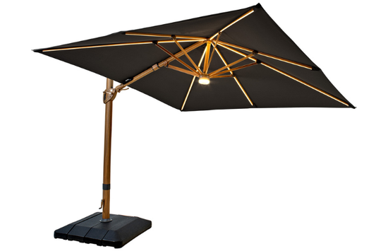 Seychelles 3m square cantilever parasol with solar powered LED lights illuminated