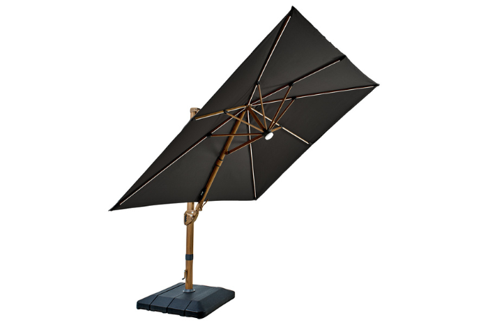 Seychelles 3m square cantilever parasol in tilted position with base