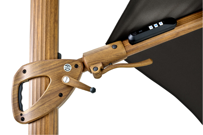 Tilt mechanism and integrated control panel on Seychelles cantilever parasol