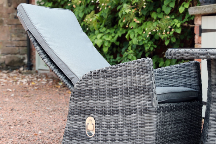 Close-up of Supremo Tivoli reclining garden chair showing weave detail and recline mechanism